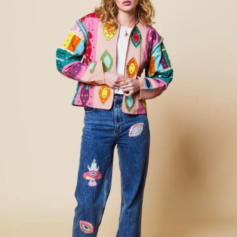 Free People Colorful Patchwork Bomber Jacket